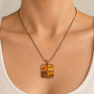 Vintage Monet Signed Gold Geometric Amber Enamel Square Pendant Necklace